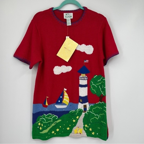 The Quaker Factory Sweaters - The Quaker Factory VTG Ramie Short Sleeve Lighthouse Roundneck Midi Sweater